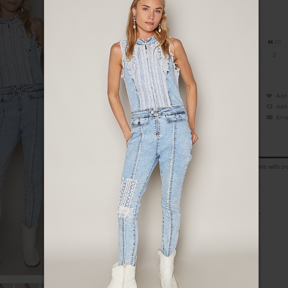 POL Light Wash Denim Crochet-Trim Sleeveless Jumpsuit